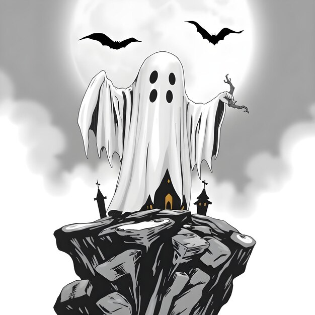 Spooky Halloween Ghost Floating with Mystical Creatures