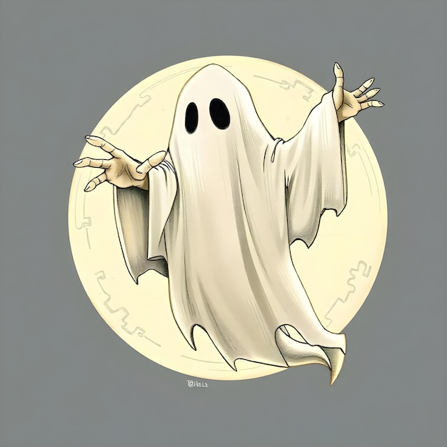 Spooky Halloween Ghost Floating with Mystical Creatures