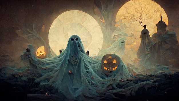 Spooky halloween ghost with dark atmosphere. Halloween Digital Illustration, oil painting art