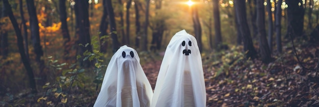 Spooky Halloween Ghosts in Autumn Forest Two playful ghosts with white sheets and black eyes