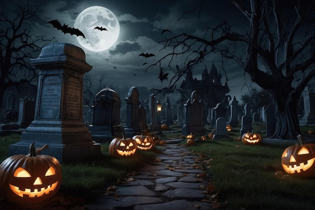 Spooky Halloween Graveyard at Night