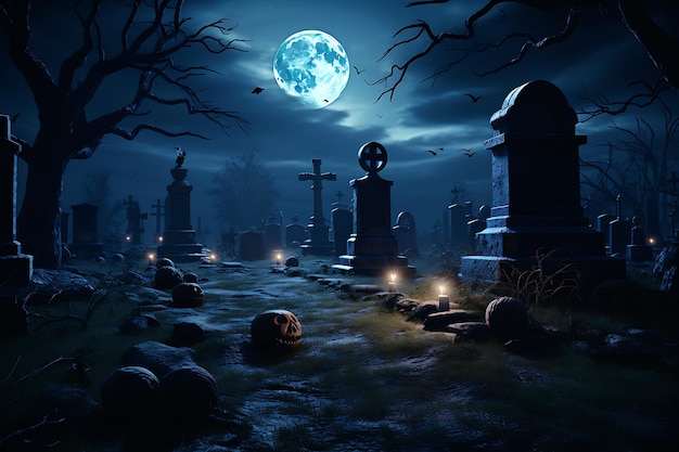 a spooky halloween graveyard with a full moon in the background