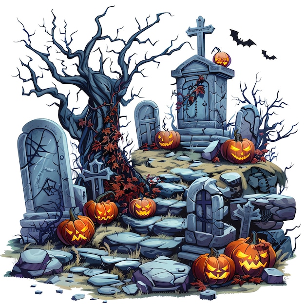 Spooky Halloween graveyard with pumpkins tombstones and bats A perfect illustration for festive