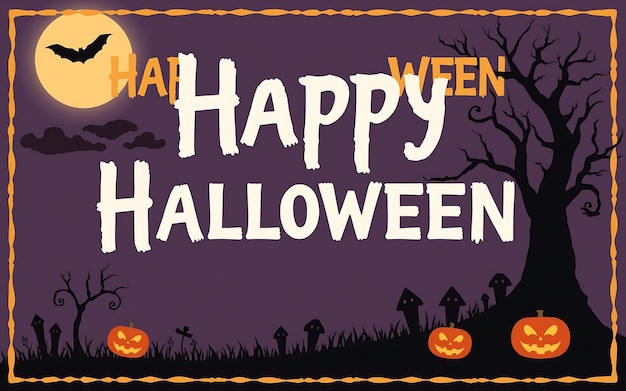 A spooky Halloween greeting with white text on a purple background featuring orange pumpkins and a b