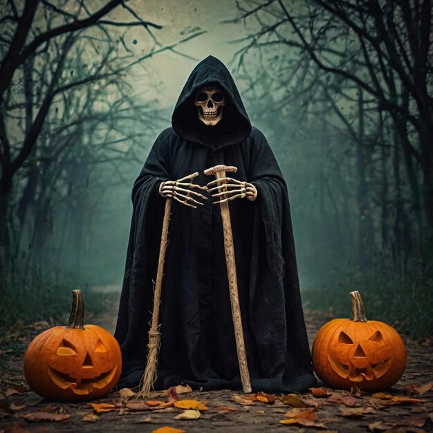 Photo spooky halloween greetings from a skeleton in the woods