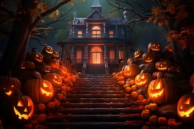 a spooky halloween house with pumpkins on the stairs