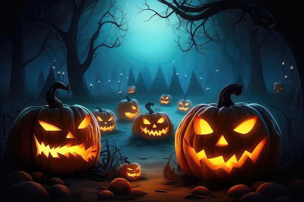 Spooky Halloween Illustration For Kids Showcasing Carved Pumpkins With Central Space For Content