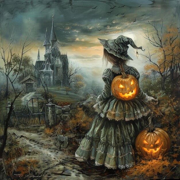 Spooky Halloween Illustrations PumpkinHeaded Figures and Haunted Mansions Under Moonlit Skies