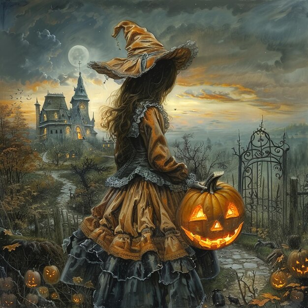 Spooky Halloween Illustrations PumpkinHeaded Figures and Haunted Mansions Under Moonlit Skies