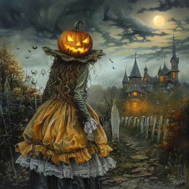 Spooky Halloween Illustrations PumpkinHeaded Figures and Haunted Mansions Under Moonlit Skies