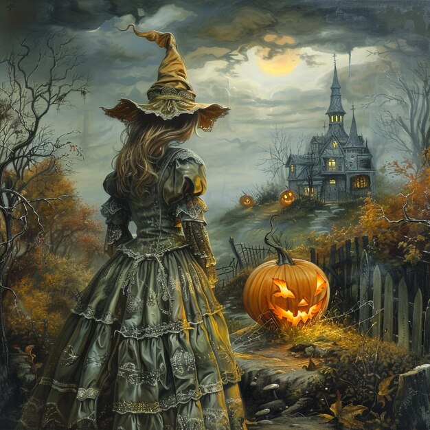 Spooky Halloween Illustrations PumpkinHeaded Figures and Haunted Mansions Under Moonlit Skies