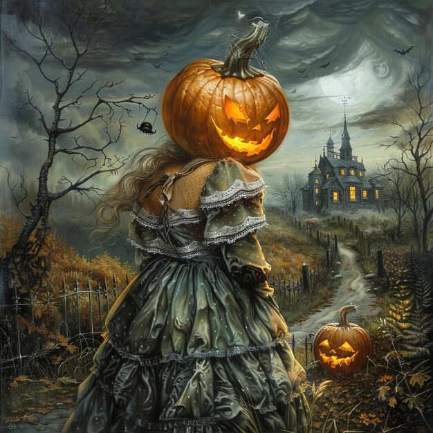 Spooky Halloween Illustrations PumpkinHeaded Figures and Haunted Mansions Under Moonlit Skies