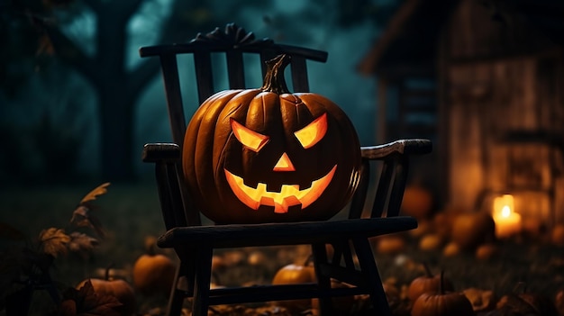 Spooky Halloween Jacko'Lantern Pumpkin on a Chair