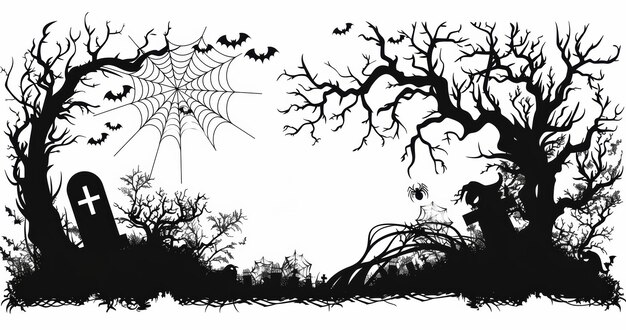 Photo spooky halloween landscape with eerie trees bats and grave markers for festive decor