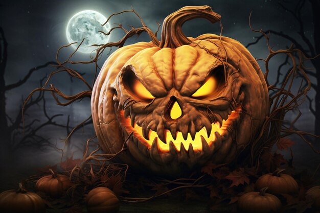 Spooky Halloween Night Eerie Pumpkin and Enchanting Full Moon Stock Image Generated by AI