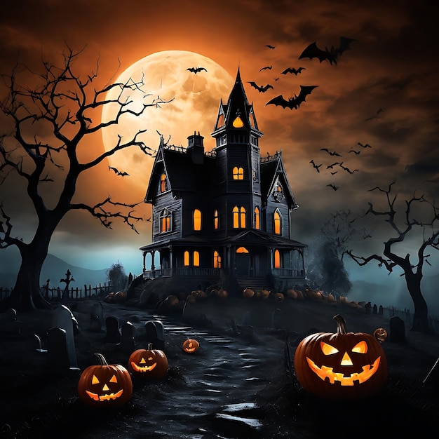 Spooky Halloween Night Haunted House on a Hill with Full Moon Jackolantern and Flying Bats