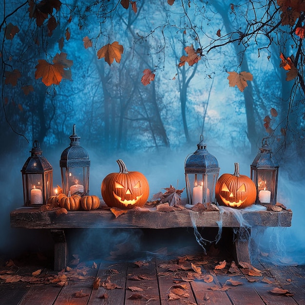 Photo spooky halloween night pumpkins and lanterns in a misty forest setting