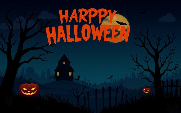 Spooky Halloween night scene with orange pumpkins and a haunted house perfect for gre