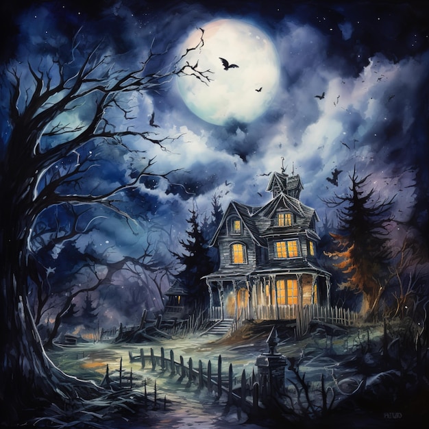 Spooky Halloween Night Watercolor Background House Forest and Full Moon Haunted Festivities