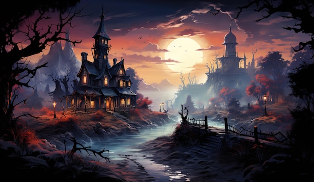 Spooky Halloween Night Watercolor Background House Forest and Full Moon Haunted Festivities