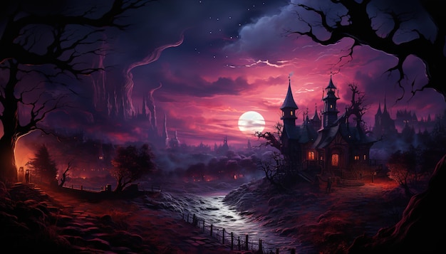 Spooky Halloween Night Watercolor Background House Forest and Full Moon Haunted Festivities