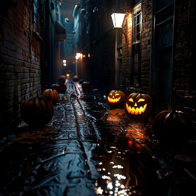 Photo spooky halloween night with glowing jackolanterns in a dark foggy alleyway decorated with pumpkins