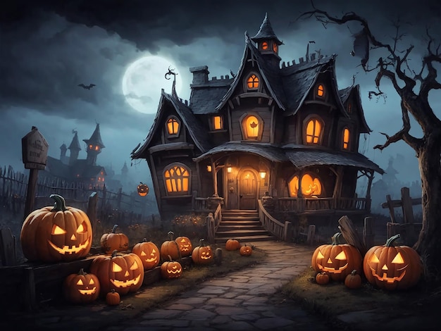 Spooky Halloween night with pumpkins candles and a haunted castle backdrop