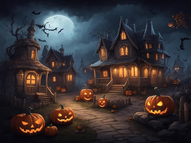 Spooky Halloween night with pumpkins candles and a haunted castle backdrop