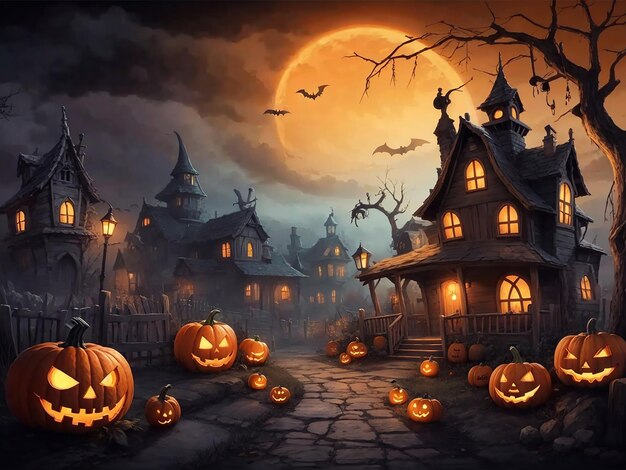 Spooky Halloween night with pumpkins candles and a haunted castle backdrop