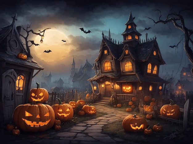 Spooky Halloween night with pumpkins candles and a haunted castle backdrop