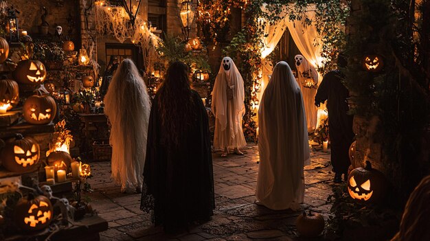 Photo spooky halloween party scene featuring eerie lighting and costumed guests in haunted setti