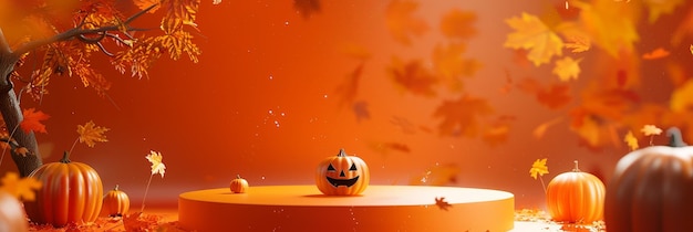 Spooky Halloween Podium Display with Pumpkins and Autumn FoliageA Captivating Scene for Seasonal and Product Showcases