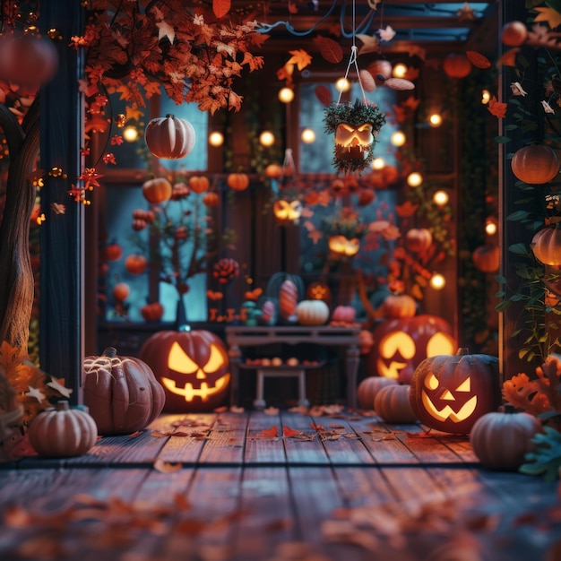 Spooky Halloween Porch Decor with Carved Pumpkins and String Lights Festive Autumn background perfect for Halloween celebrations