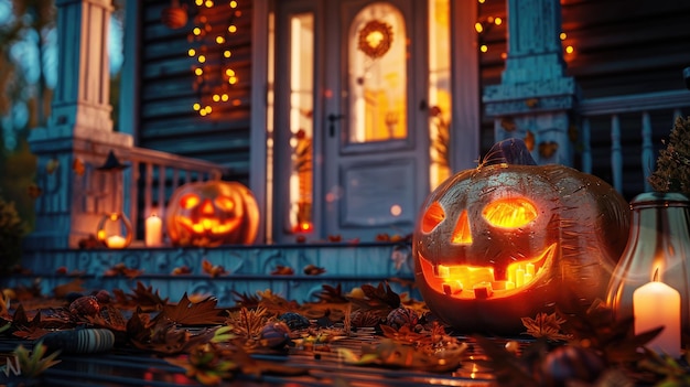 Spooky Halloween Porch Decor with Glowing JackO39Lanterns and Festive Lights