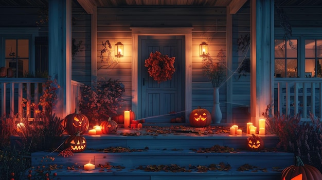 Spooky Halloween Porch with Glowing JackOLanterns and Flickering Candles