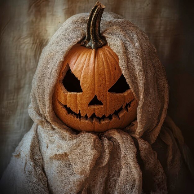 Photo spooky halloween pumpkin dressed in a ghostly shroud at night