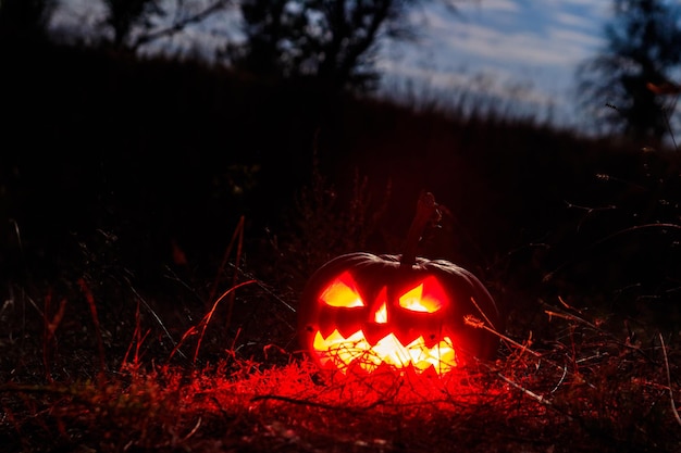 Spooky Halloween pumpkin jackolantern with burning candles in scary forest at night