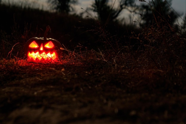 Spooky Halloween pumpkin jackolantern with burning candles in scary forest at night