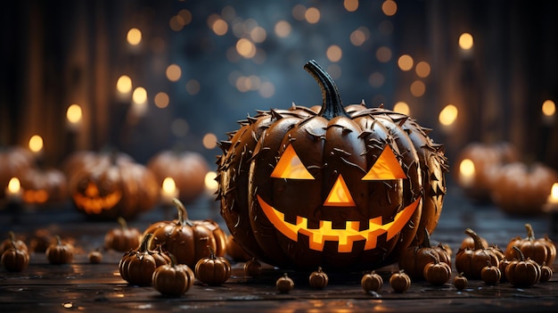 Spooky Halloween pumpkin jackolantern on wooden table