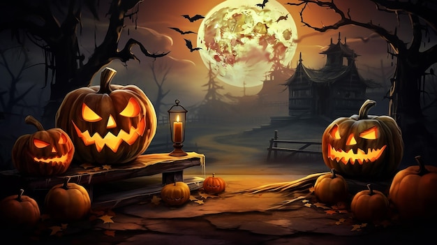 Spooky Halloween Pumpkin Lanterns in Haunted Forest Night Scene