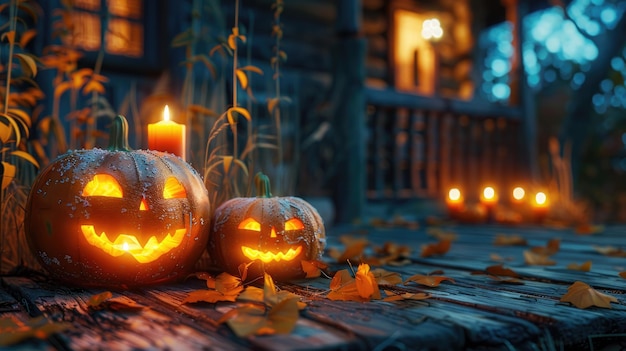 Spooky Halloween Pumpkin Lanterns on LeafCovered Porch with Candlelight