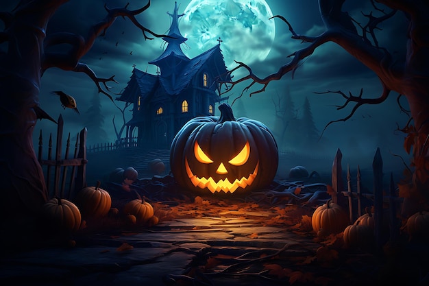 a spooky halloween pumpkin sits in front of a full moon.