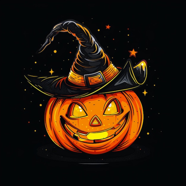 Spooky Halloween Pumpkin Wearing a Witch Hat with Glowing Eyes and Eerie Background