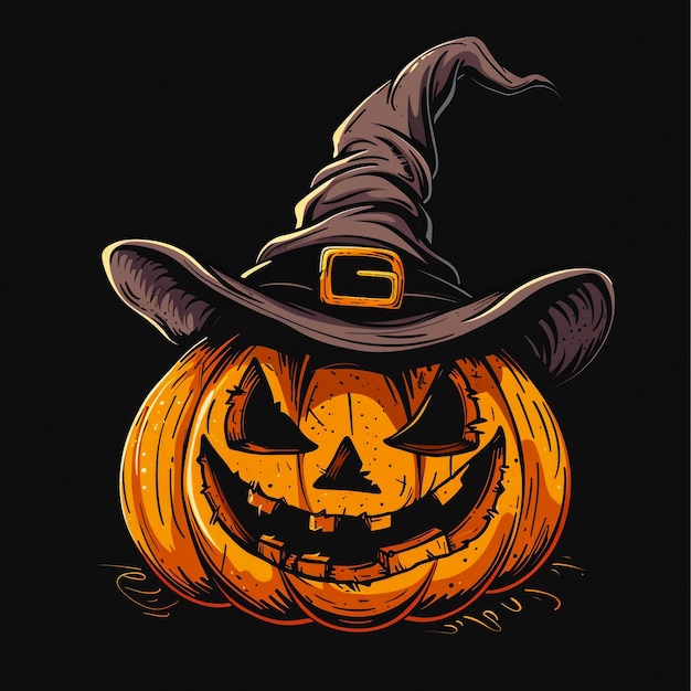 Spooky Halloween Pumpkin Wearing a Witch Hat with Glowing Eyes and Eerie Background