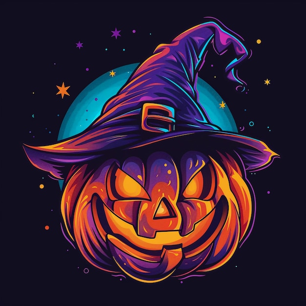 Spooky Halloween Pumpkin Wearing a Witch Hat with Glowing Eyes and Eerie Background