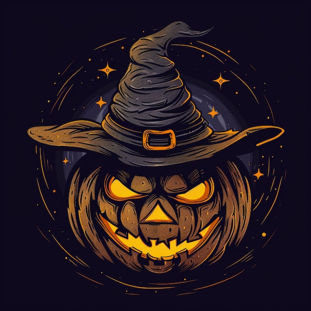 Spooky Halloween Pumpkin Wearing a Witch Hat with Glowing Eyes and Eerie Background