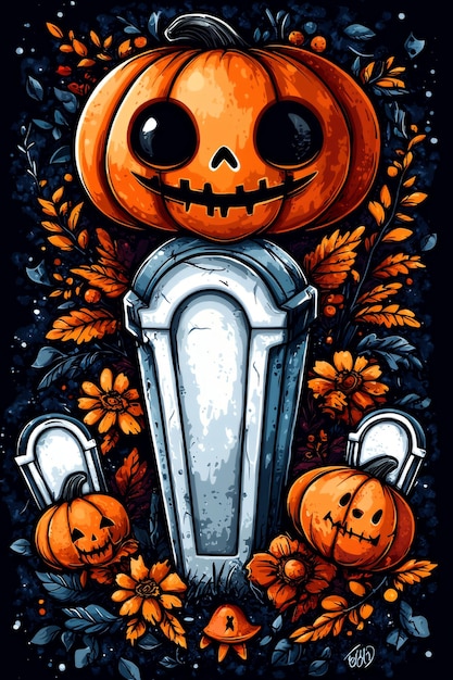 Spooky Halloween Pumpkin with Tombstone and Flowers