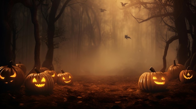 Spooky Halloween pumpkins jackolantern on the background of the forest