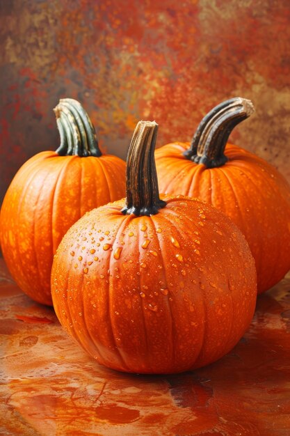 Spooky halloween pumpkins on orange backdrop with ample space for text placement