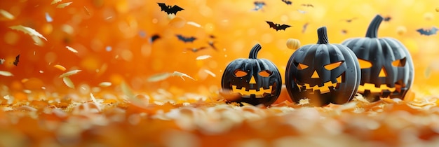 Spooky halloween pumpkins on an orange background providing abundant space for text placement